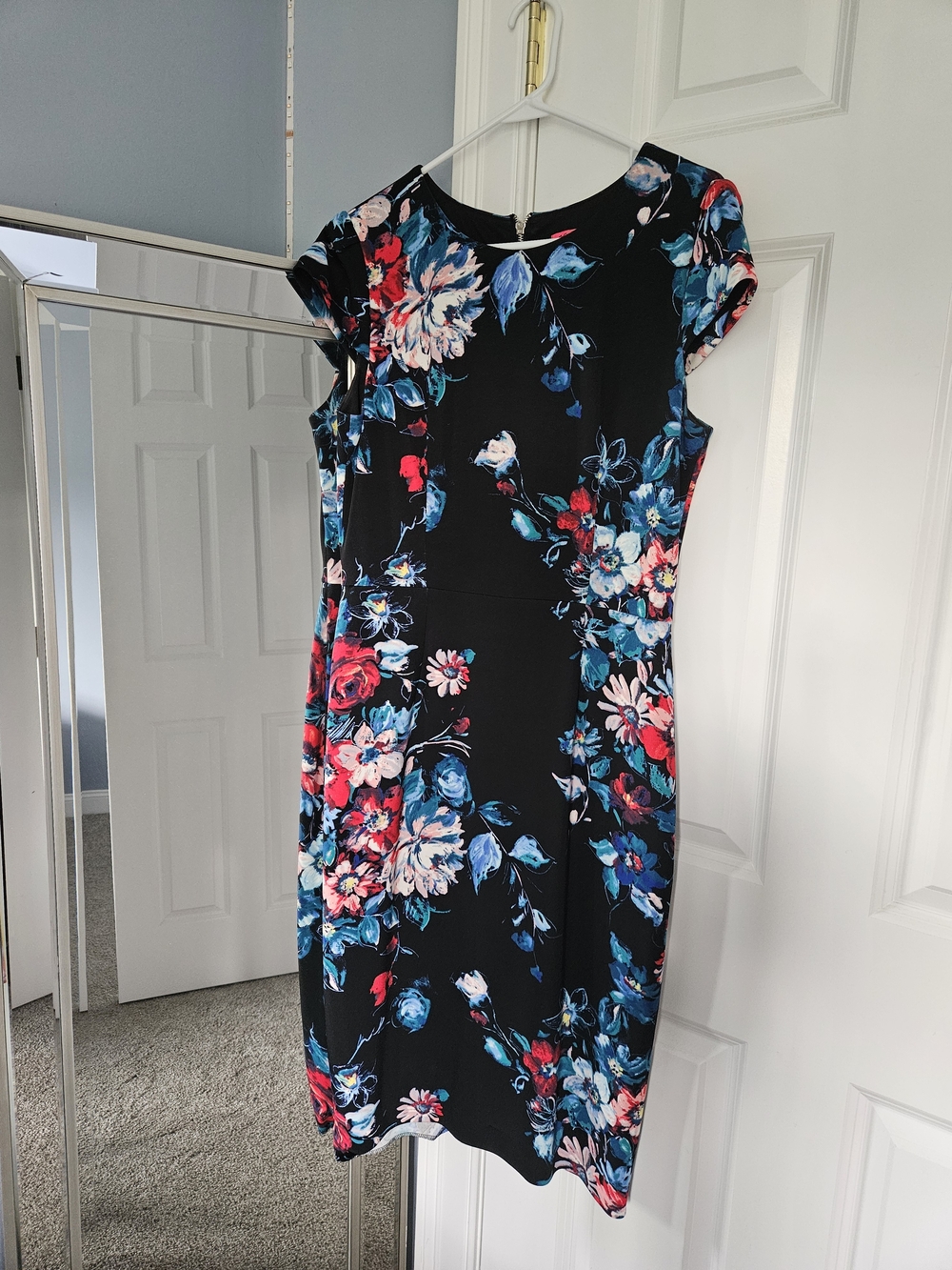 Betsey Johnson Black Midi Dress with Blue & Pink Floral Print